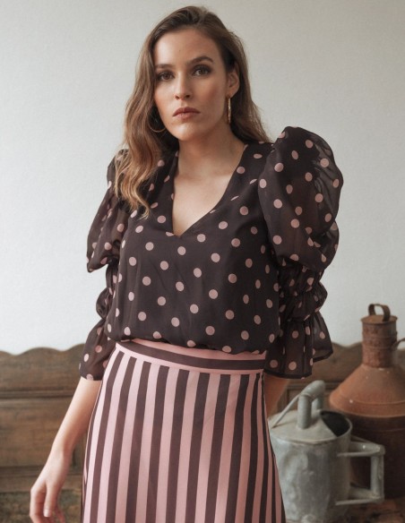 Chiffon midi skirt with pink and brown striped print