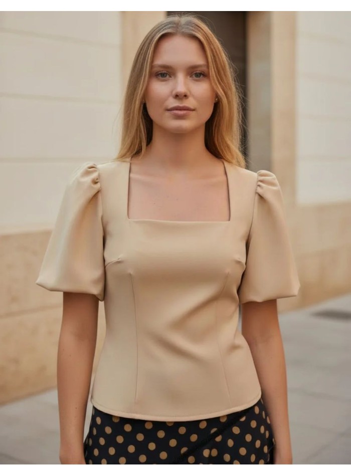 Top d'invité beige à manches bouffantes et...