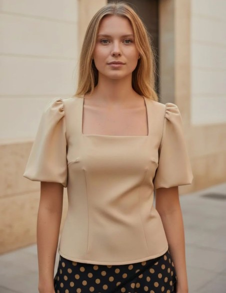 Beige guest top with puffed sleeves and square neckline