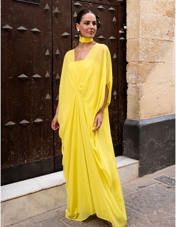 Kaftán largo de gasa amarillo para invitada