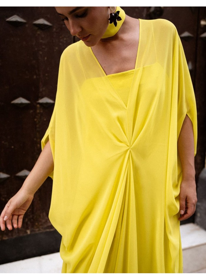 Yellow chiffon long kaftan for guests