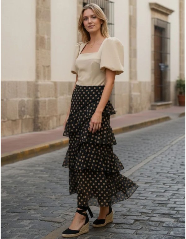 Brown chiffon skirt with gold polka dot print and ruffles
