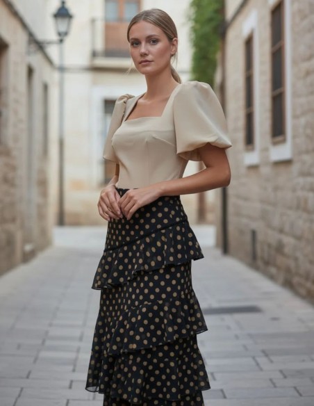 Brown chiffon skirt with gold polka dot print and ruffles