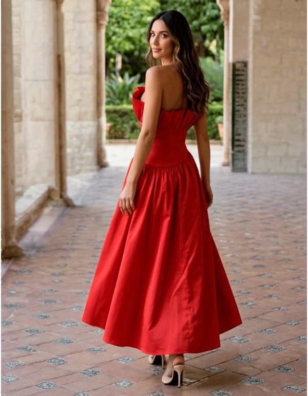 Red strapless dress with asymmetrical skirt for guests 2