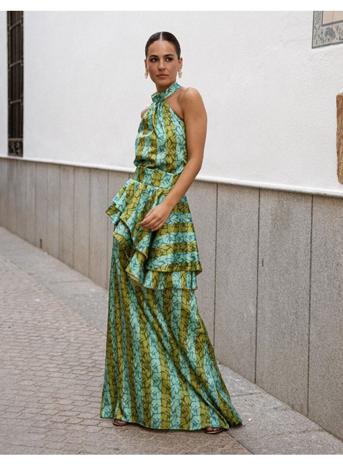 Falda larga estilo evasé con estampado de rayas y volante verde y turquesa