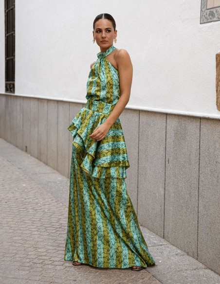 Falda larga estilo evasé con estampado de rayas y volante verde y turquesa