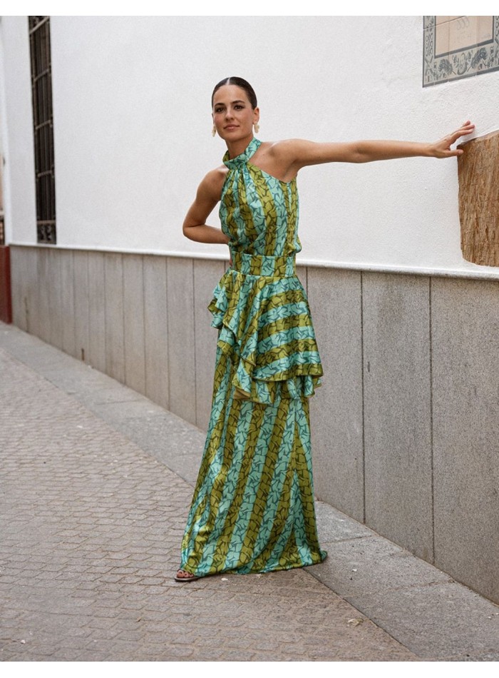 Falda larga estilo evasé con estampado de rayas y volante para invitada