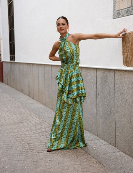 Falda larga estilo evasé con estampado de rayas y volante para invitada