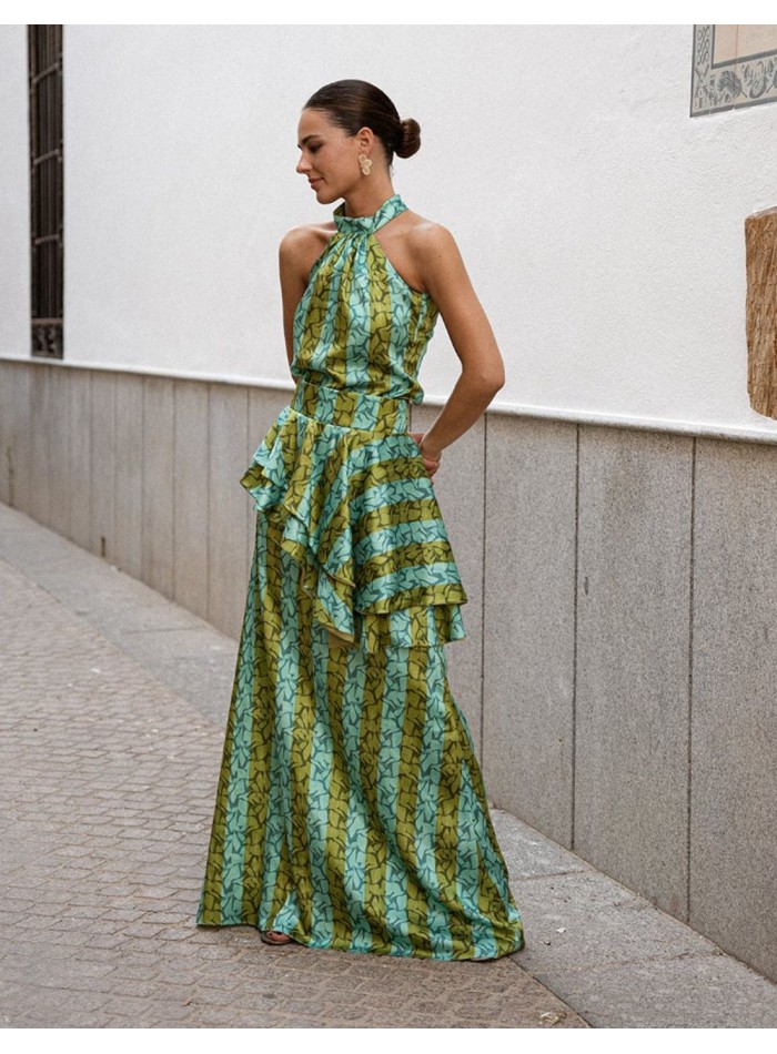 Falda larga estilo evasé con estampado de rayas y volante