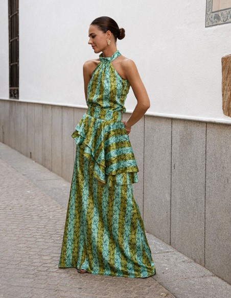 Falda larga estilo evasé con estampado de rayas y volante