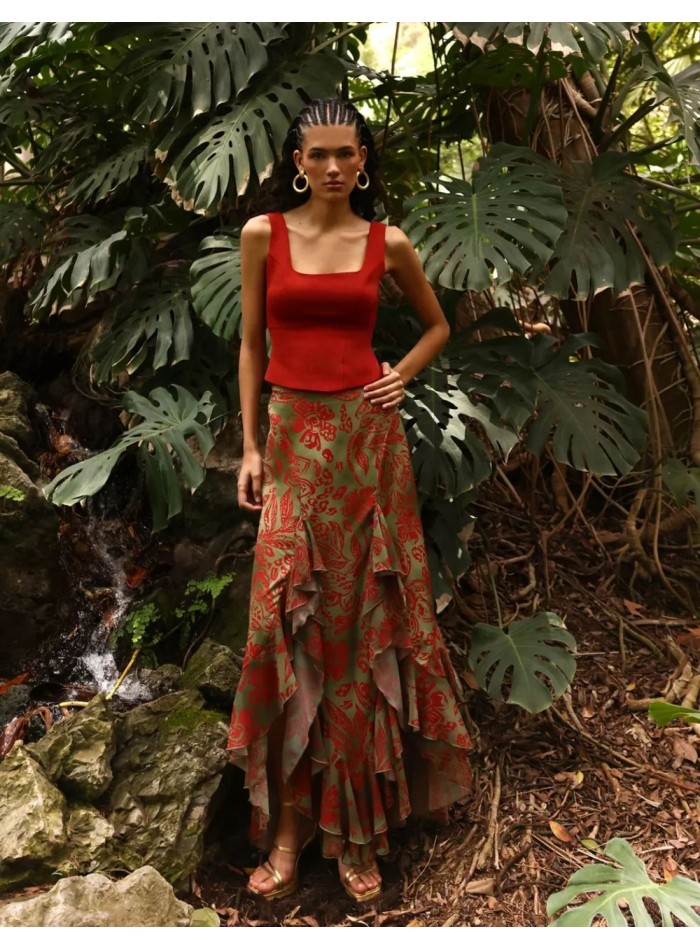 Floral print midi skirt with ruffle openings