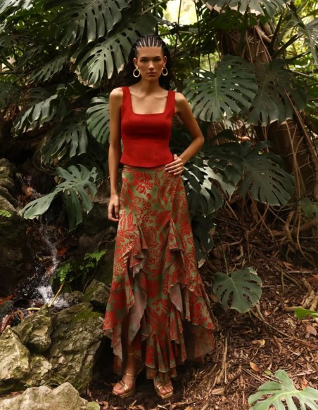 Floral print midi skirt with ruffle openings