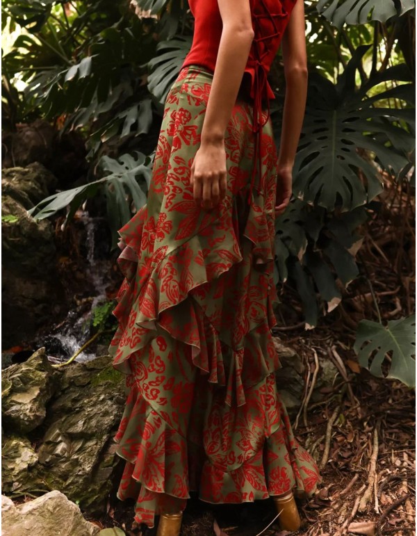 Falda midi con estampado de flores y aberturas de volantes 2