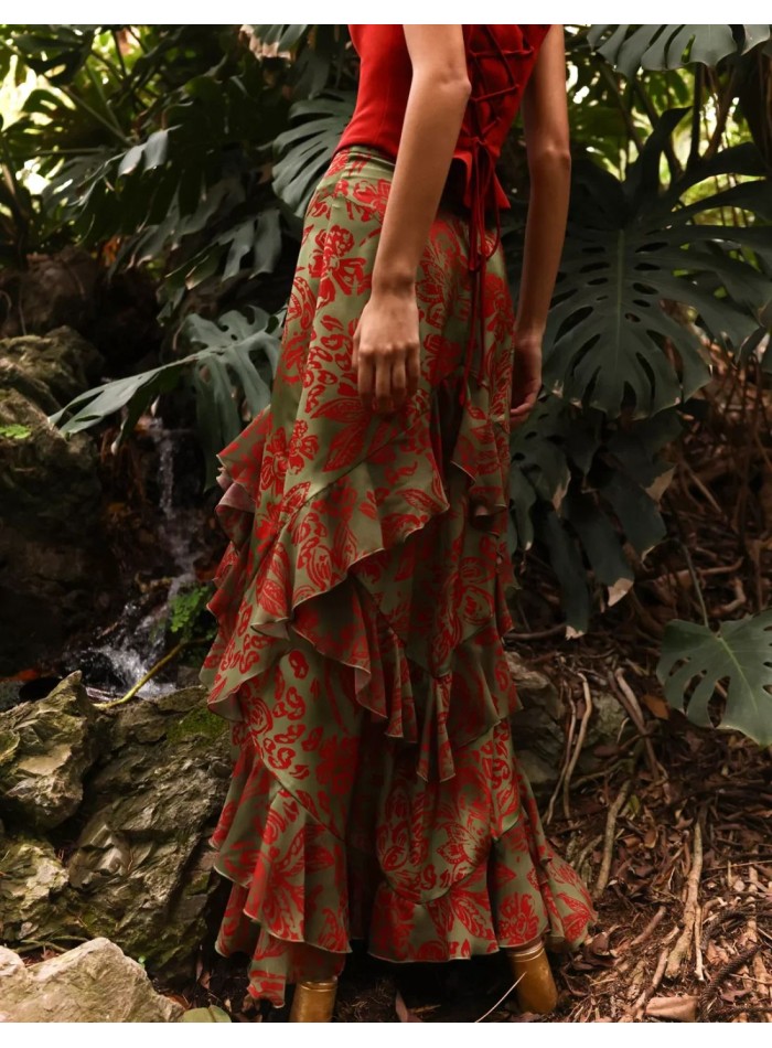 Floral print midi skirt with ruffle openings