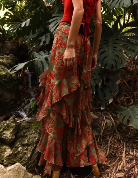 Floral print midi skirt with ruffle openings