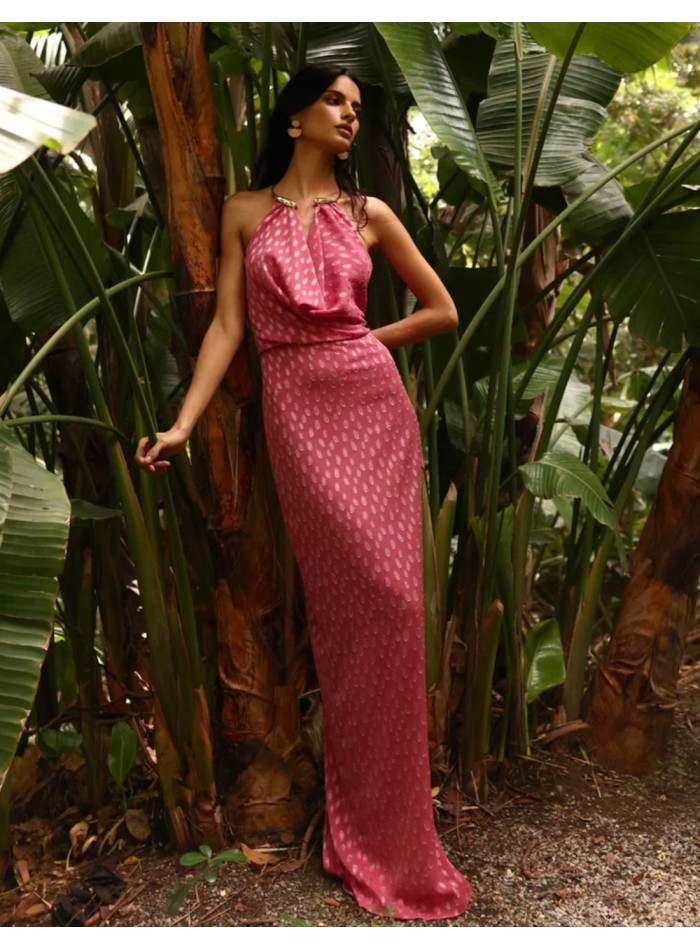 Long pink halter dress in jacquard jacquard...