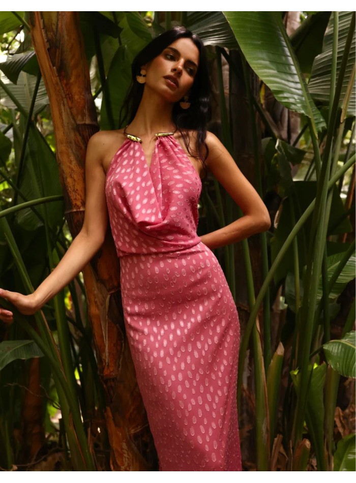 Long pink halter dress in jacquard jacquard...
