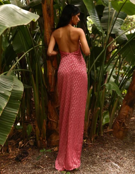 Longue robe dos nu rose en jacquard avec dos ouvert