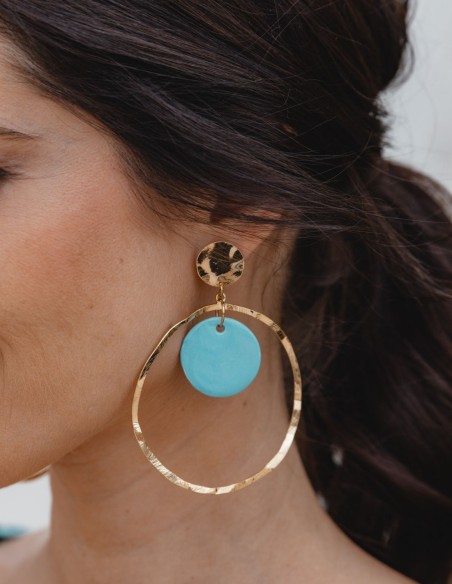 Gold circle with purple ceramic detail party earrings