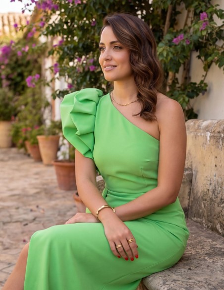 Asymmetric green long dress with ruffled sleeves