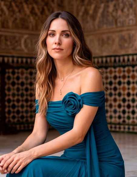 Duck blue long dress with draped flower for guests