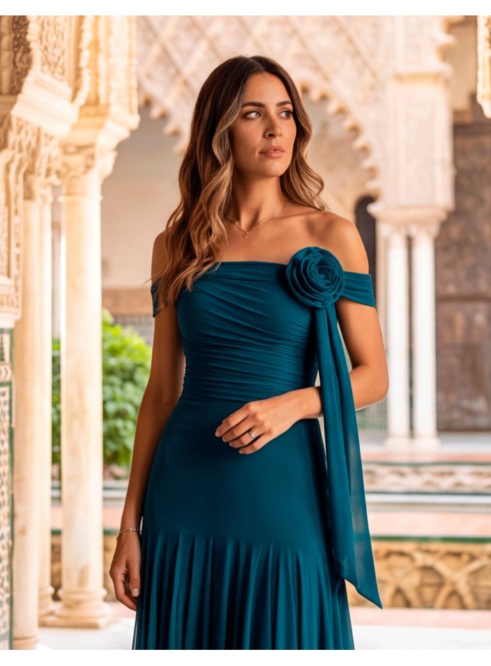 Duck blue long dress with draped flower for guests