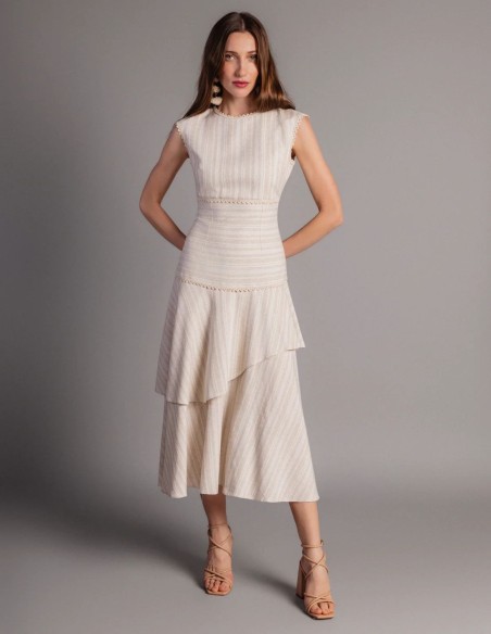 Vestido midi beige aspecto lino con volantes