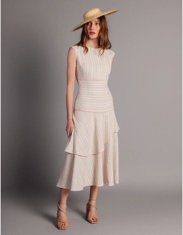 Vestido midi beige aspecto lino con volantes 2