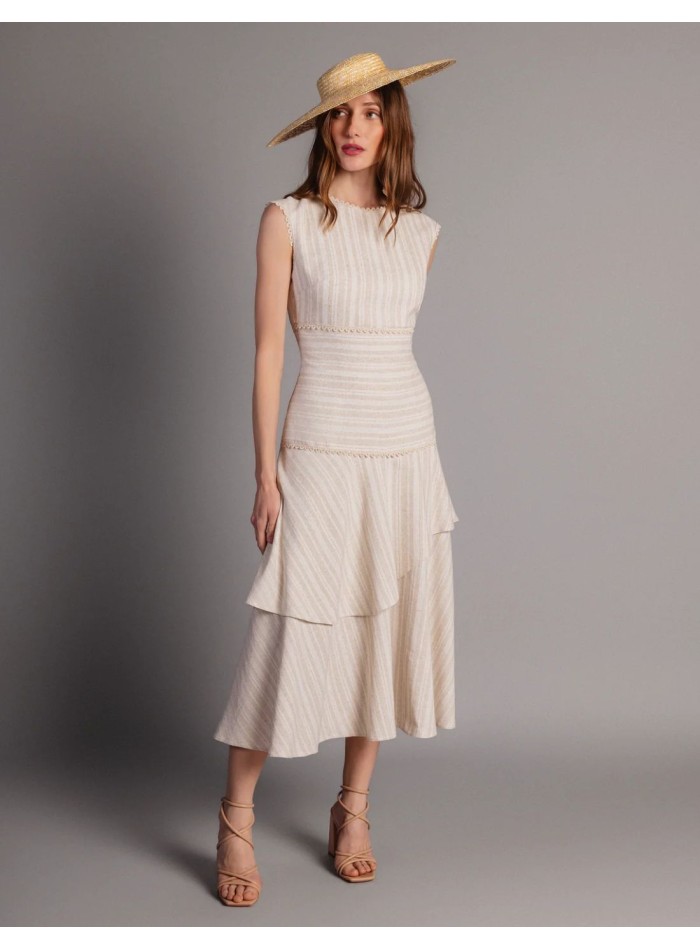 Beige midi dress with ruffled linen look