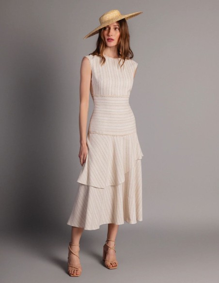 Robe midi en lin beige à volants