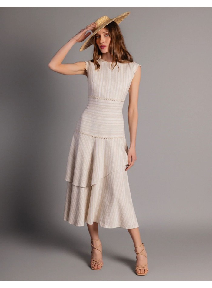 Robe midi en lin beige à volants
