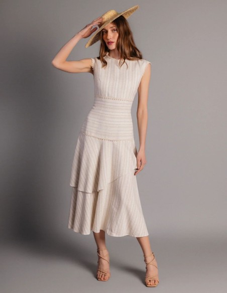 Robe midi en lin beige à volants
