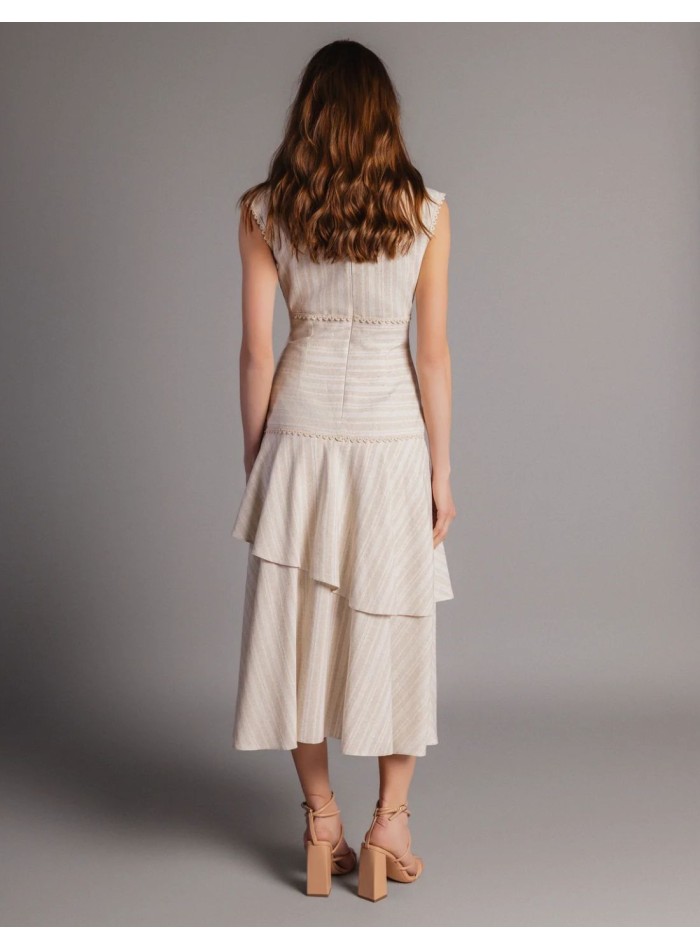 Vestido midi beige aspecto lino con volantes