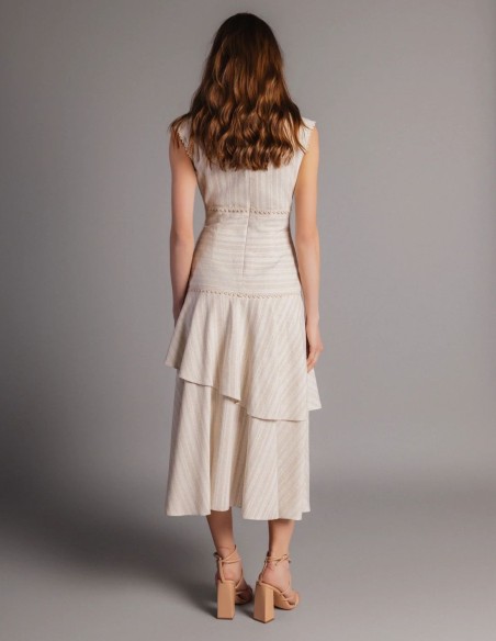 Robe midi en lin beige à volants
