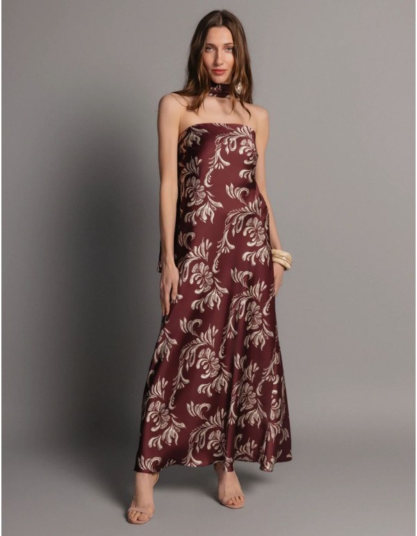 Long strapless satin printed dress