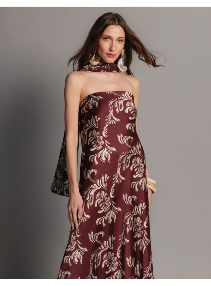 Long strapless satin printed dress