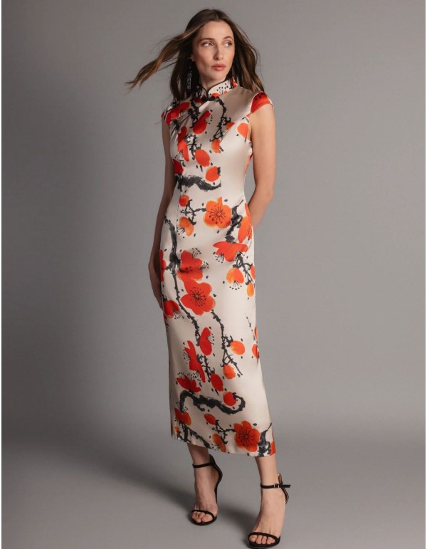 Robe midi à imprimé floral et encolure orientale 2
