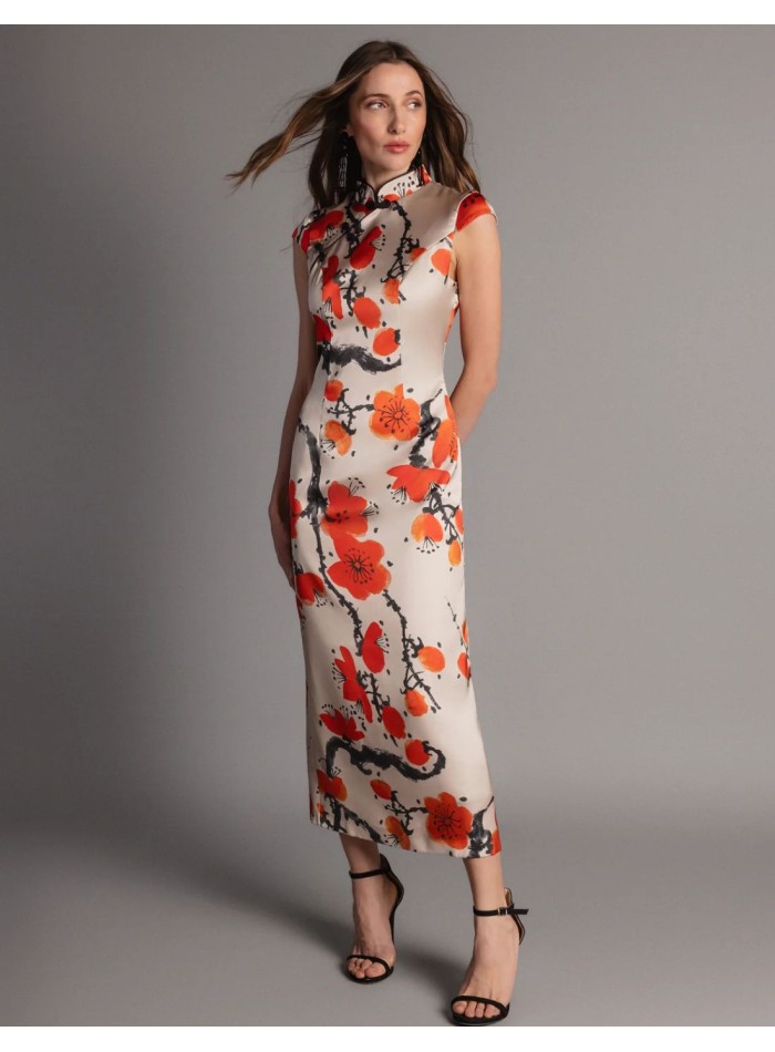 Robe midi à imprimé floral et encolure orientale