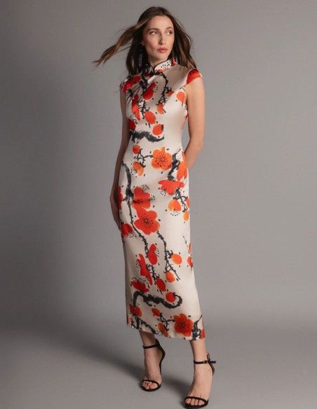 Robe midi à imprimé floral et encolure orientale