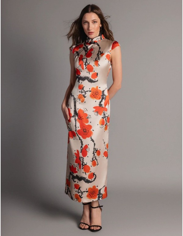 Midi dress with floral print and oriental neckline