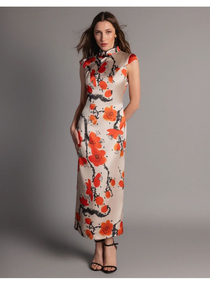 Midi dress with floral print and oriental neckline