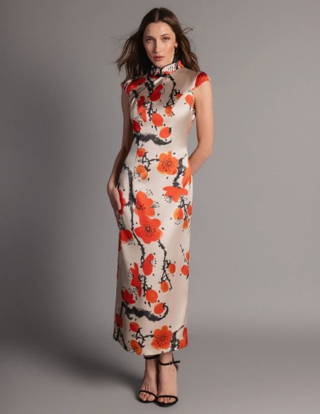 Robe midi à imprimé floral et encolure orientale