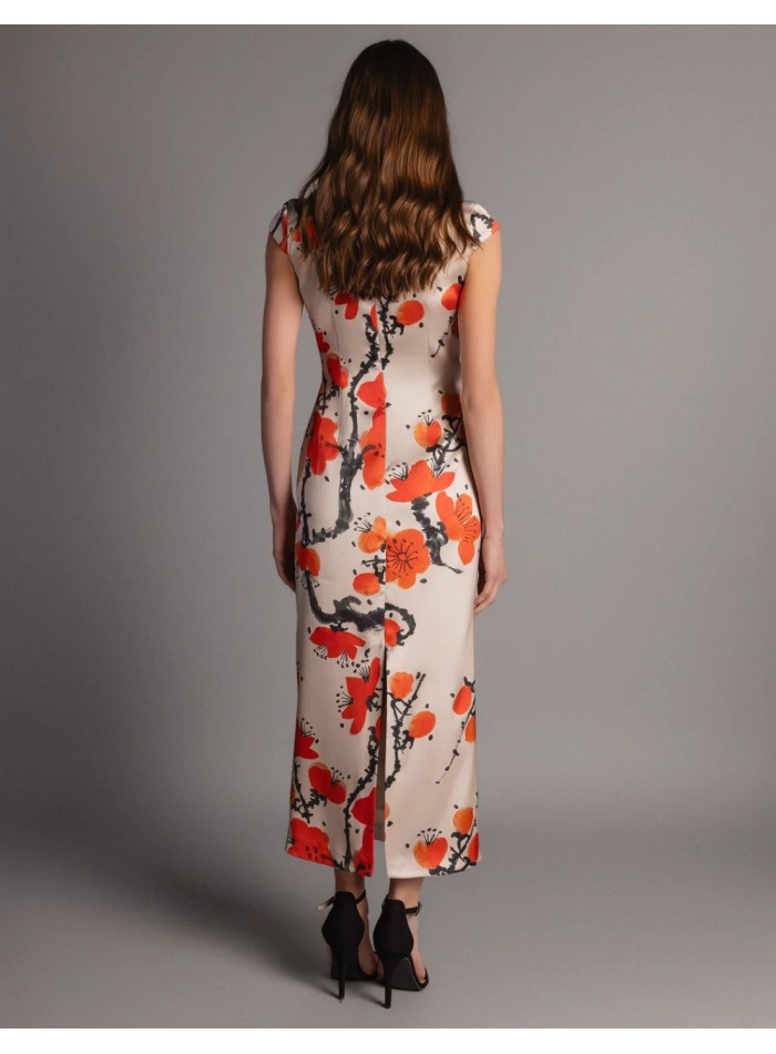 Midi dress with floral print and oriental neckline