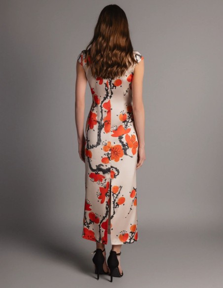 Robe midi à imprimé floral et encolure orientale