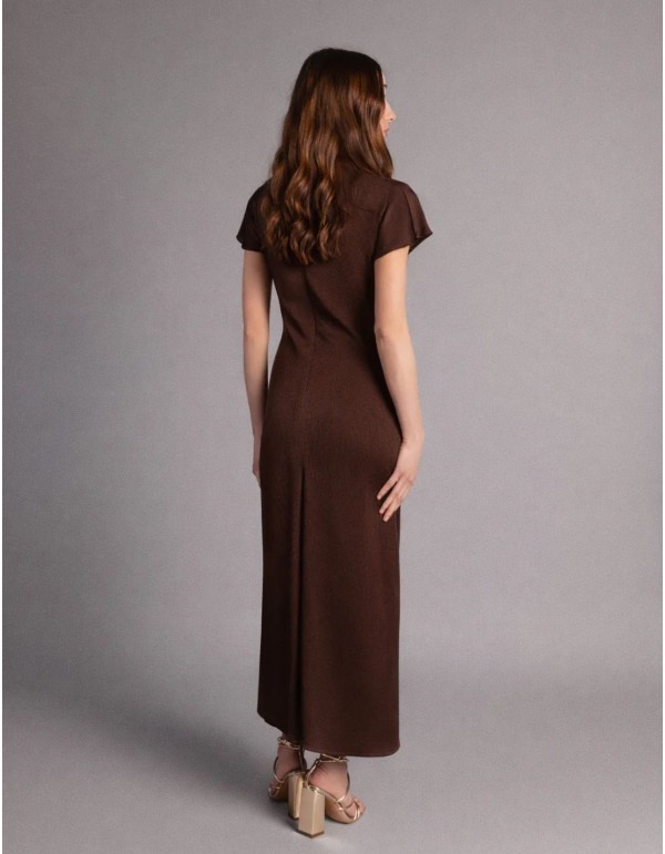 Vestido midi marrón de satén con drapeados en la cintura 2