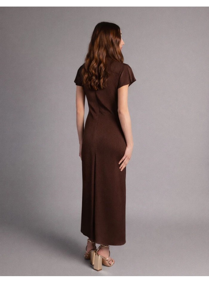 Brown satin midi dress with draping at the waist