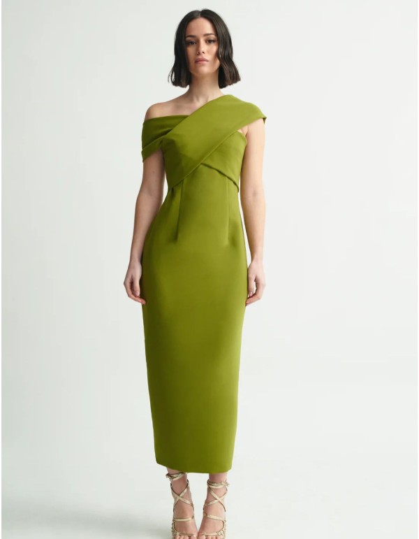 Robe midi vert olive avec encolure croisée et bretelles...