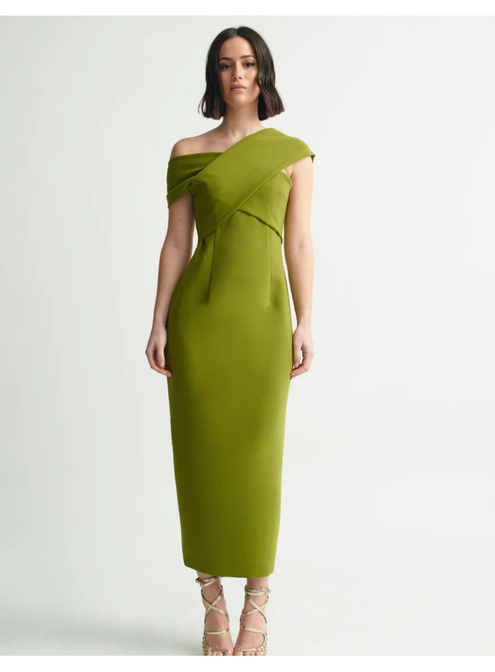 Vestido midi verde oliva con escote cruzado y...