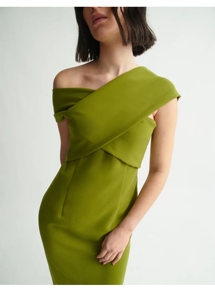 Vestido midi verde oliva con escote cruzado y...