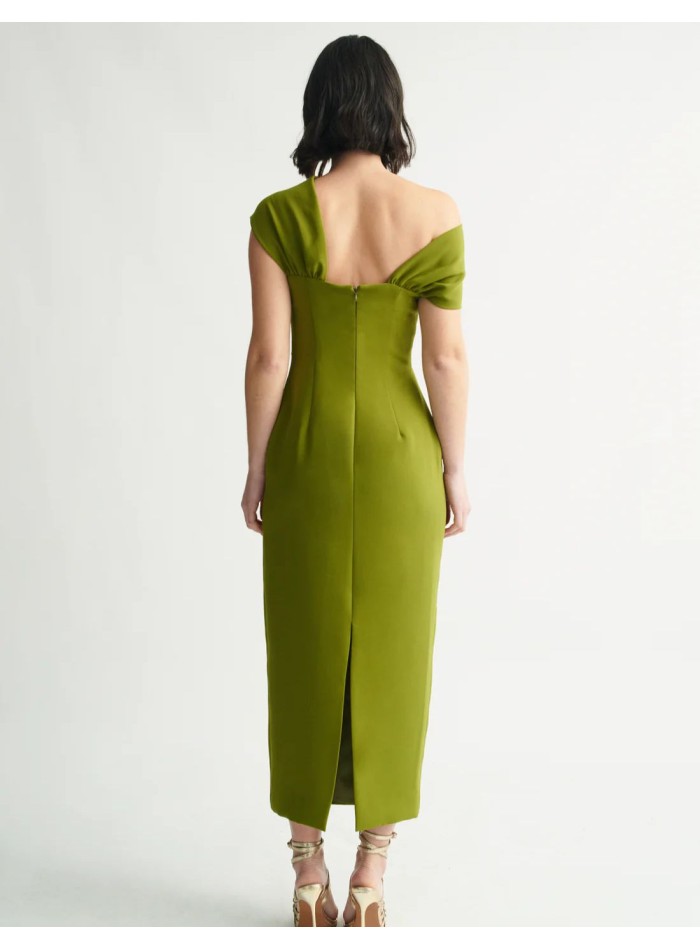 Vestido midi verde oliva con escote cruzado y...